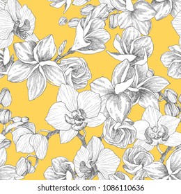  Patrón sin problemas. Ramo trenzado a mano con orquídea y plumeria. Ilustración vectorial muy detallada. Hermosa flor exótica. Cymbidium para su logotipo, composición, diseño.