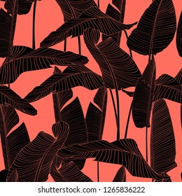 Seamless pattern, hand drawn outline black and orange coral banana leaves.