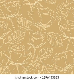 Seamless pattern with hand drawn outline roses, leaves on gold background. Line art style. Elegant vector design for wallpaper, wedding invitation, greeting card, scrapbook, gift wrap, textile print.