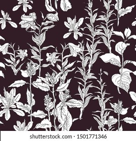 Seamless Pattern Hand Drawn Outline Print with Exotic Birds Cranes in Lilies and garden Flowers Field Vintage Illustration