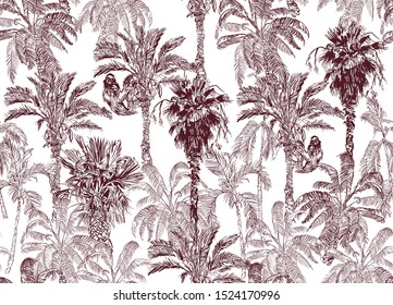 Seamless Pattern Hand Drawn Outline Graphic Illustration Of Jungle Forest Tropical Palm Trees Vintage Monochrome Lithograph Brown On White Background