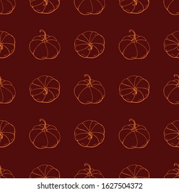 Seamless pattern with hand drawn outline pumpkins. Endless texture with orange contour squashes on dark red background for your design