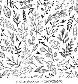 Seamless pattern with hand drawn outline  leaves. Black and white floral vector texture. Cute monochrome sketch style plants. Botany summer, autumn elements. Seasonal background. Floral graphic design