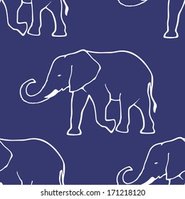 Seamless pattern with hand drawn outline elephants.  Vector illustration 