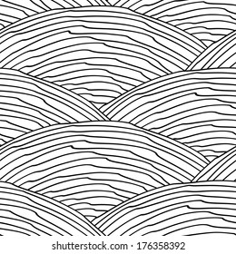 Seamless pattern with hand drawn outline waves texture. Black and white linear background. Vector illustration