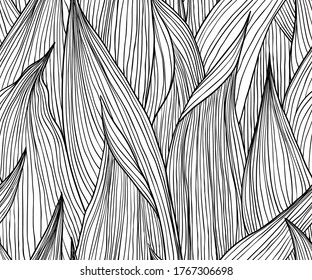 Seamless pattern, hand drawn outline black ink long shape leaves on white background