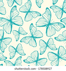 Seamless pattern with hand drawn outline butterflies. Spring summer background. Vector illustration