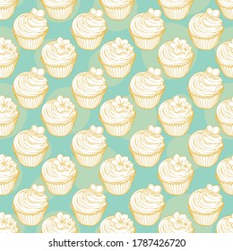 Seamless pattern of hand drawn outline cupcakes polka dot background design