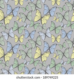 Seamless pattern with hand drawn outline butterflies. Vector illustration