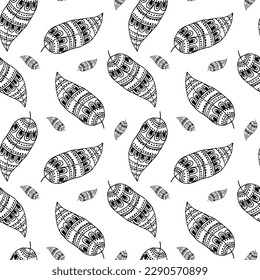 Seamless pattern, hand drawn outline leaves in doodle style with ornament, zentangle. Textile, design for pastel linen, background, vector	
