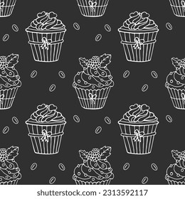 Seamless pattern, hand drawn outline cupcakes and coffee beans. Print, cafe menu background, vector