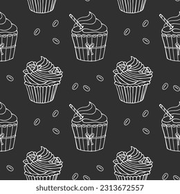 Nahtloses Muster, handgezeichnete Cupcakes und Kaffeebohnen. Print, Café-Menü-Hintergrund, Vektorgrafik