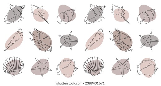 Seamless pattern with hand drawn outline seashells with colored abstract elements. Vector marine illustration for fashion design, fabric, paper, web design, textile