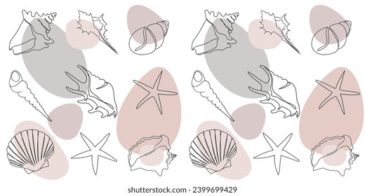 Seamless pattern with hand drawn outline seashells with colored abstract elements. Vector marine pattern for fashion design, fabric, paper, web design, textile