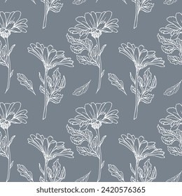 Seamless pattern, hand drawn outline echinacea flowers on a gray background. Background, print, textile, wallpaper, vector