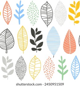 Patrón sin costuras con hojas dibujadas a mano, plantas. Textura botánica abstracta en estilo minimalista. fondo de Vector