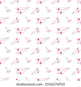 Seamless pattern of hand drawn outline paper planes with hearts on isolated background. Design for Valentine’s Day, wedding and mother’s day celebration, greeting card, wrapping, scrapbooking.