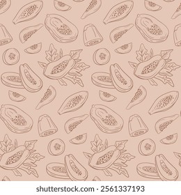 Seamless pattern with hand drawn outline papaya fruits and leaves on light background, ideal for tropical designs and textiles. Vector doodle illustration for vegan concepts