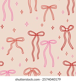 Seamless pattern with hand drawn outline bows and stars. Vector vintage linear background with bowknot ribbons in coquette aesthetic for holiday designs, wrapping paper, textile, etc.