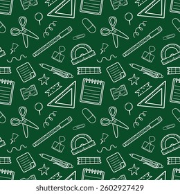 Seamless pattern with hand drawn outline child stationery. Cute kids back to school line elements on chalkboard background. Vector illustration