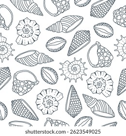 Padrão contínuo de conchas azuis esboço desenhado à mão no fundo branco. Modelo para impressão, cartão de saudação, têxtil, papel de parede. Ilustração vetorial