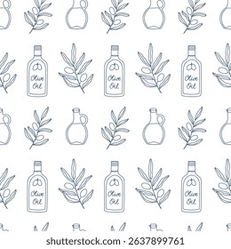 Seamless pattern with hand drawn outline blue olive oil bottles and branches on white background. Modernl print for fabric, cover, card, flyer, menu design. Vector illustration