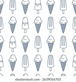 Seamless pattern with hand drawn outline ice cream. Doodle drawing for print, invitation, poster, menu design. Vector illustration