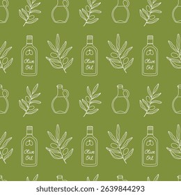 Seamless pattern with hand drawn outline white olive oil bottles and branches on green background. Modernl print for fabric, cover, card, flyer, menu design. Vector illustration