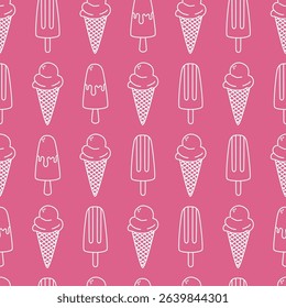 Seamless pattern with hand drawn outline ice cream on pink background. Doodle drawing for print, invitation, poster, menu design. Vector illustration