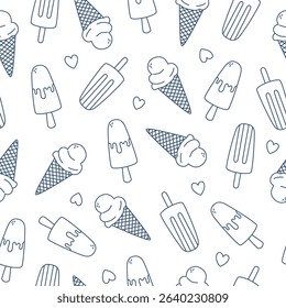 Seamless pattern with hand drawn outline ice cream. Doodle drawing for print, invitation, poster, menu design. Vector illustration