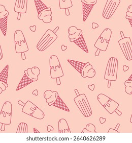 Seamless pattern with hand drawn outline ice cream. Doodle drawing for print, invitation, poster, menu design. Vector illustration