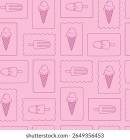 Seamless pattern with hand drawn outline pink ice cream in frame. Doodle drawing for print, invitation, poster, menu design. Vector illustration