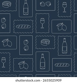 Patrón sin fisuras con el contorno dibujado a mano vino, queso y fruta en marco sobre fondo azul. Dibujo de Doodle para imprimir, diseño de menú, póster, Anuncio. Ilustración vectorial