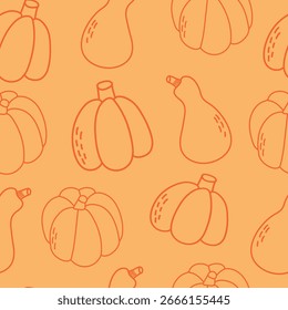  Patrón sin fisuras con calabazas de contorno dibujadas a mano sobre fondo naranja. Patrón de doodle de otoño.