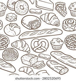 Seamless pattern with hand drawn outline bakery products. Black and white bread and pastry texture background.