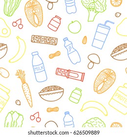 Seamless pattern with hand drawn outline sport nutrition healthy items.