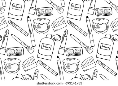 Seamless pattern with hand drawn outline cosmetics elements. Vector illustration for your design.