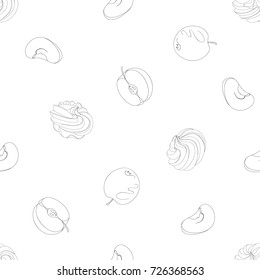 Seamless pattern with hand drawn outline different shape apple and swirl meringue (zephyr, marshmallow)