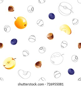 Seamless pattern with hand drawn outline and colorful volume image of blueberry  and  various shape and slope hazelnut and apple isolated on white background. 
