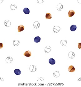 Seamless pattern with hand drawn outline and colorful volume image of blueberry  and  various shape and slope hazelnut  isolated on white background. 