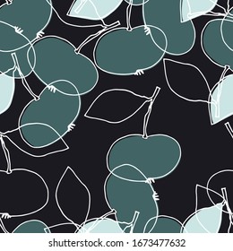 Seamless pattern with hand drawn outlined apples. Pine needle and mint green colors. Isolated on black background