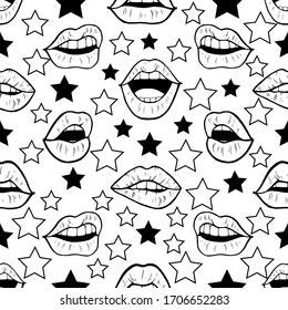 Seamless pattern with hand drawn outlined lips and stars on white background. Black and white vector texture.