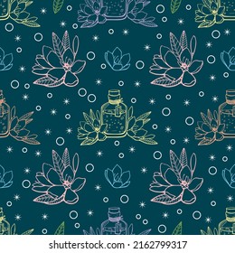 Seamless pattern with hand drawn outlined potion bottles and flowers on dark green background. Beautiful vector texture