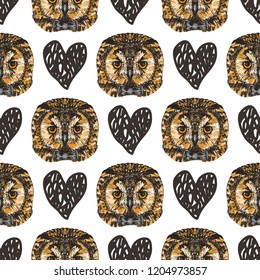 Seamless pattern with hand drawn owl portraits and hearts, vector illustration