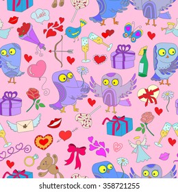  Seamless pattern with hand drawn owls and icons on the theme of Valentine's day on a pink substrate