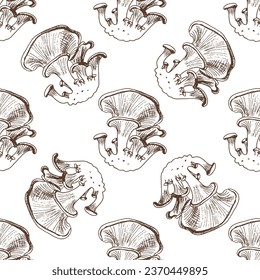 Seamless pattern of hand drawn oyster mushrooms. Vintage drawing. Eco food vintage vector illustration. Sketch illustration for print, web, mobile and infographics.