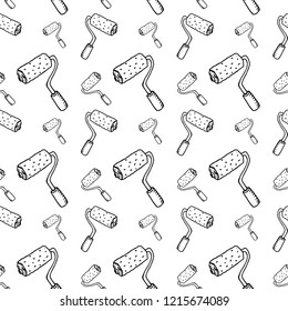 Seamless pattern hand drawn paint roller. Doodle black sketch. Sign symbol. Decoration element. Isolated on white background. Flat design. Vector illustration.