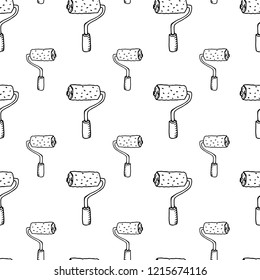 Seamless pattern hand drawn paint roller. Doodle black sketch. Sign symbol. Decoration element. Isolated on white background. Flat design. Vector illustration.