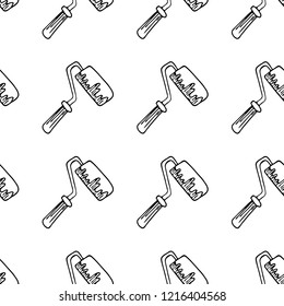 Seamless pattern hand drawn paint roller. Doodle black sketch. Sign symbol. Decoration element. Isolated on white background. Flat design. Vector illustration.