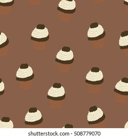 Seamless pattern with hand drawn and painted cupcakes. Vector graphic. Beautiful delicious sweets for girls. Creamy cakes illustration. Brown background. 